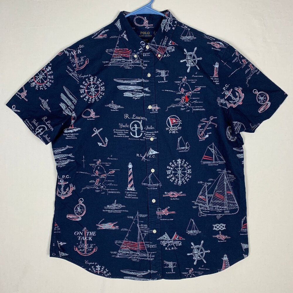 Polo by Ralph Lauren Navy Blue Nautical Print Short-Sleeve Button-Down Shirt XL